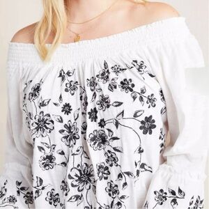Anthropologie Off-Shoulder Floral Blouse - White and Black.